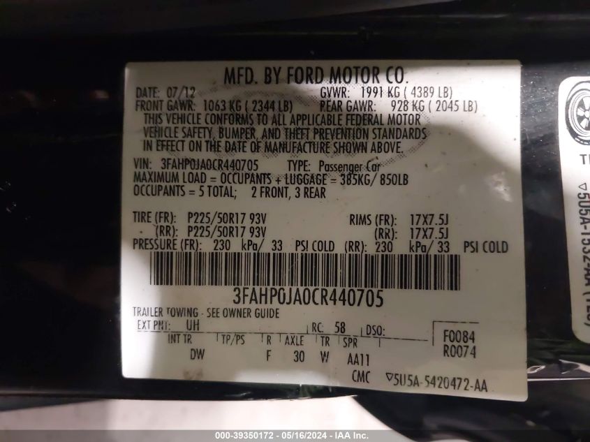 2012 Ford Fusion Sel VIN: 3FAHP0JA0CR440705 Lot: 39350172