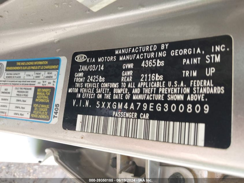 2014 Kia Optima Lx VIN: 5XXGM4A79EG300809 Lot: 39350185