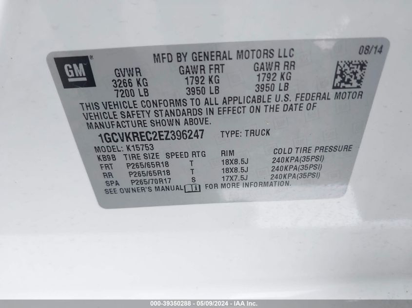 2014 Chevrolet Silverado 1500 2Lt VIN: 1GCVKREC2EZ396247 Lot: 39350288