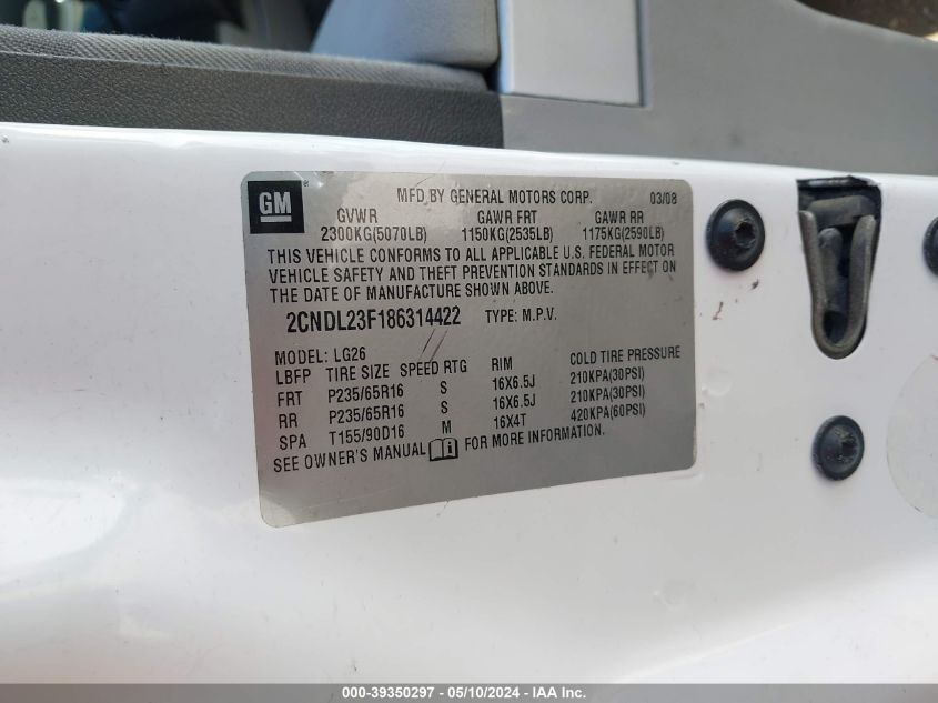 2008 Chevrolet Equinox Ls VIN: 2CNDL23F186314422 Lot: 39350297