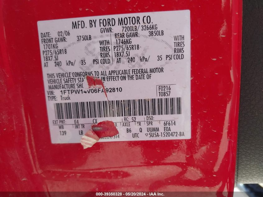 2006 Ford F-150 Fx4/Lariat/Xlt VIN: 1FTPW14V06FA92810 Lot: 39350328