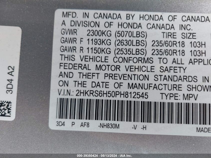 2023 Honda Cr-V Hybrid Sport VIN: 2HKRS6H50PH812545 Lot: 39350424