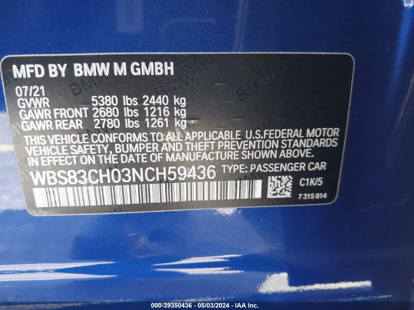 WBS83CH03NCH59436 | 2022 BMW M5