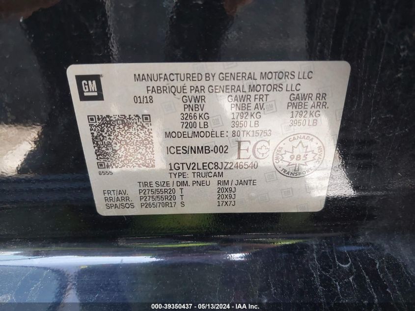 2018 GMC Sierra 1500 VIN: 1GTV2LEC8JZ246540 Lot: 39350437