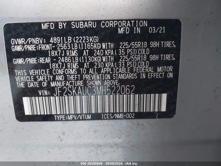 2021 SUBARU FORESTER LIMITED - JF2SKAUC3MH522062