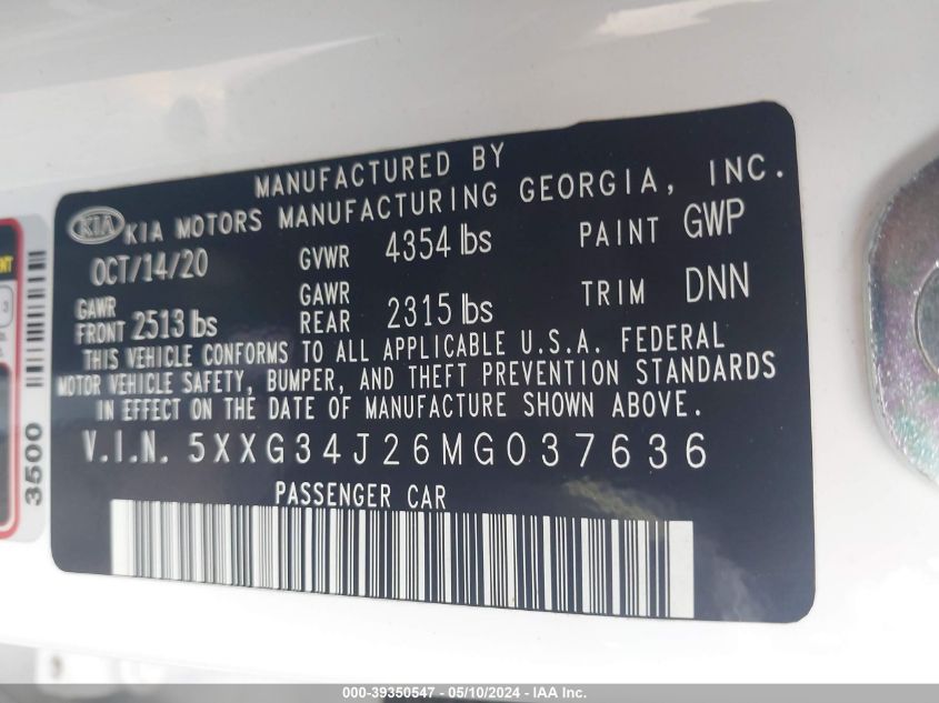 2021 KIA K5 EX - 5XXG34J26MG037636