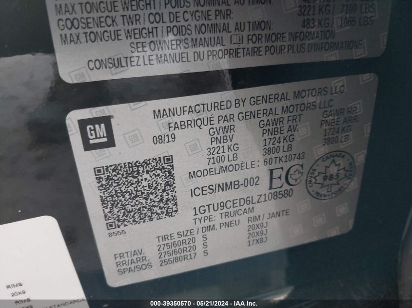 2020 GMC Sierra 1500 4Wd Short Box Elevation/4Wd Standard Box Elevation VIN: 1GTU9CED6LZ108580 Lot: 39350570