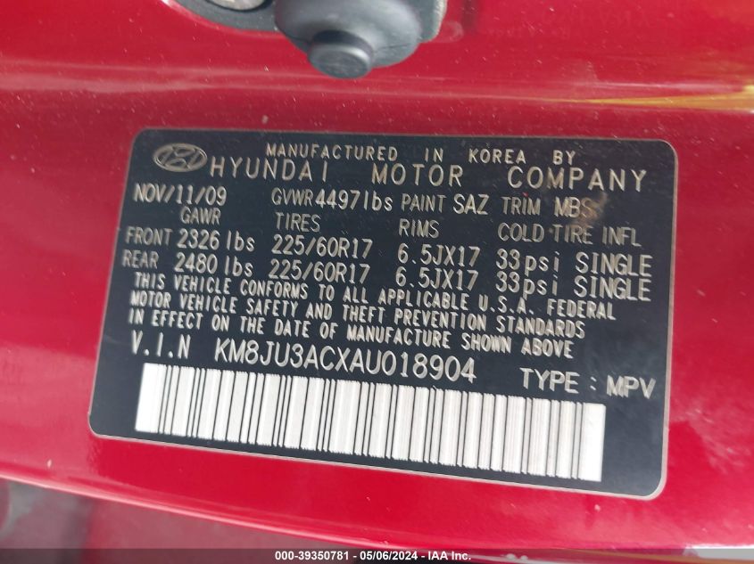 2010 Hyundai Tucson Gls VIN: KM8JU3ACXAU018904 Lot: 39350781