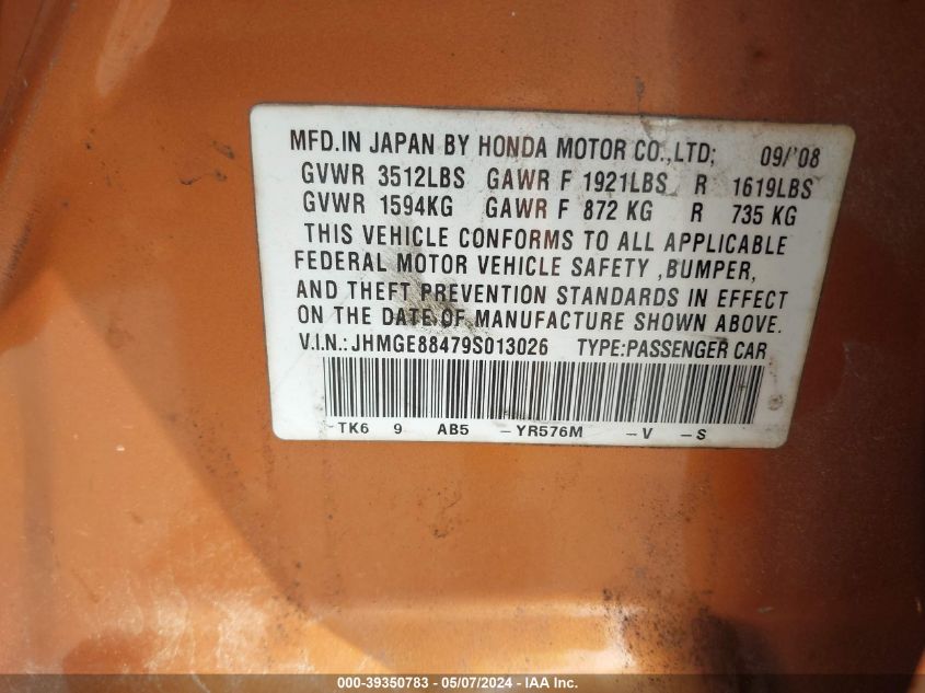2009 Honda Fit Sport VIN: JHMGE88479S013026 Lot: 39350783