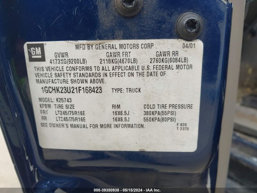 2001 Chevrolet Silverado 2500Hd Lt VIN: 1GCHK23U21F168423 Lot: 39350938