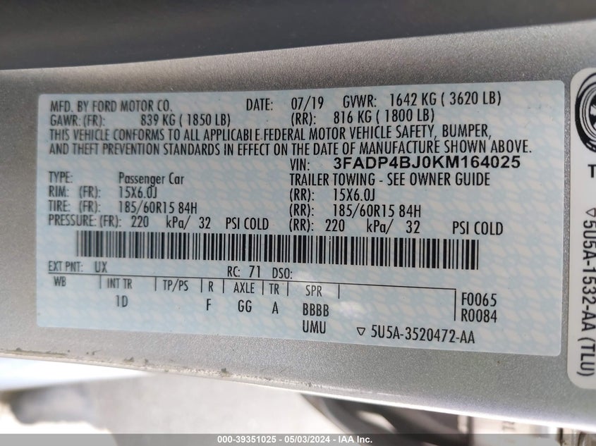 2019 FORD FIESTA SE - 3FADP4BJ0KM164025