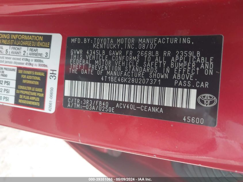 2008 Toyota Camry Le/Se/Xle VIN: 4T1BE46K28U207371 Lot: 39351065