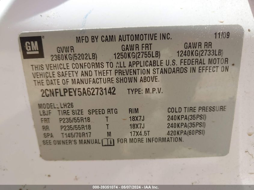 2CNFLPEY5A6273142 2010 Chevrolet Equinox Lt