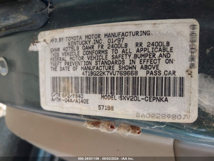 4T1BG22K7VU769668 | 1997 TOYOTA CAMRY