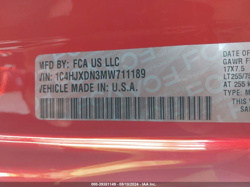 2021 Jeep Wrangler Unlimited Willys 4X4 VIN: 1C4HJXDN3MW711189 Lot: 39351149