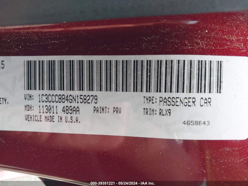 2016 Chrysler 200 S VIN: 1C3CCCBB4GN158279 Lot: 39351221