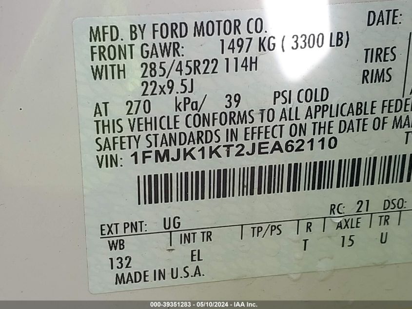 2018 Ford Expedition Max Limited VIN: 1FMJK1KT2JEA62110 Lot: 39351283