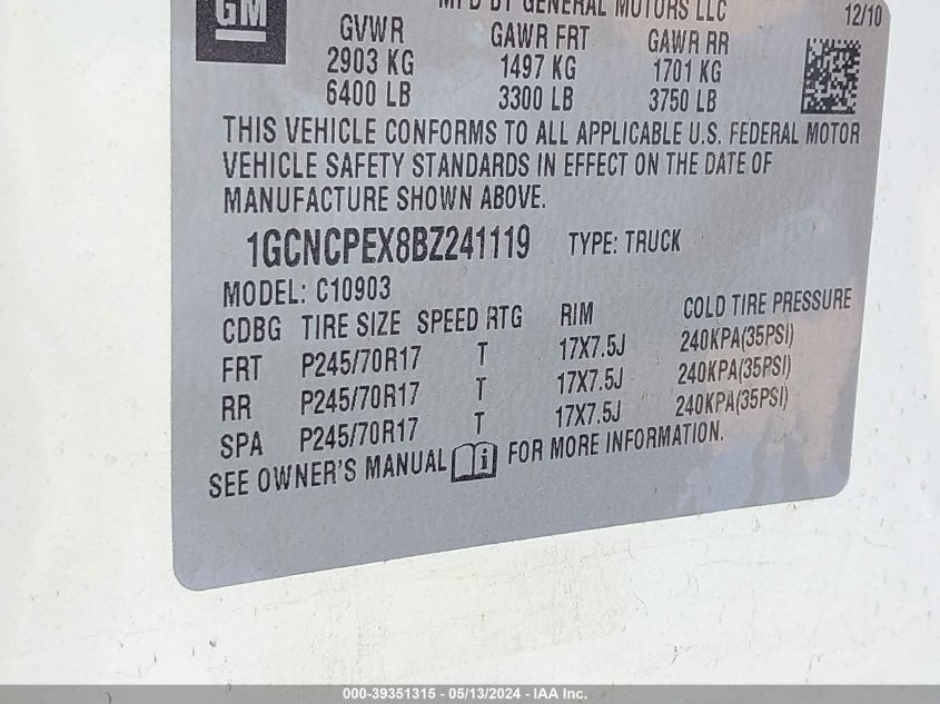 2011 Chevrolet Silverado 1500 Work Truck VIN: 1GCNCPEX8BZ241119 Lot: 39351315