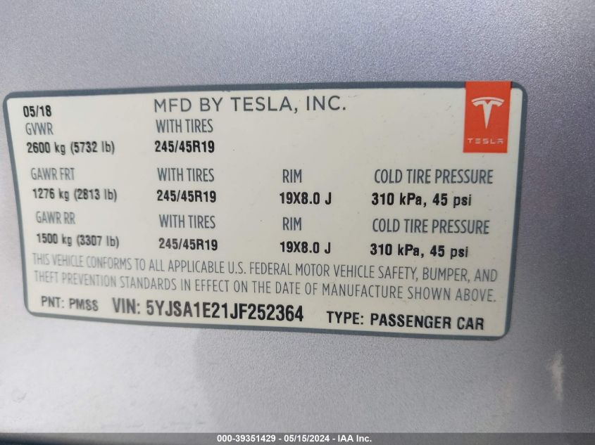 2018 Tesla Model S 100D/75D/P100D VIN: 5YJSA1E21JF252364 Lot: 39351429