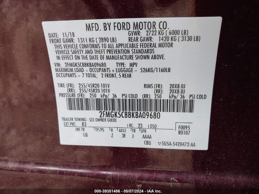 2019 Ford Flex Sel VIN: 2FMGK5C88KBA09680 Lot: 39351486