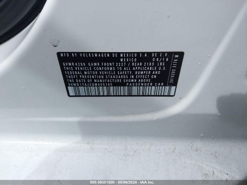 2016 VOLKSWAGEN JETTA 1.8T SPORT - 3VWD17AJ2GM405165
