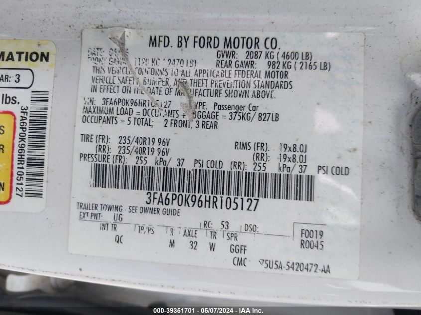 2017 FORD FUSION VIN: 3FA6P0K96HR105127