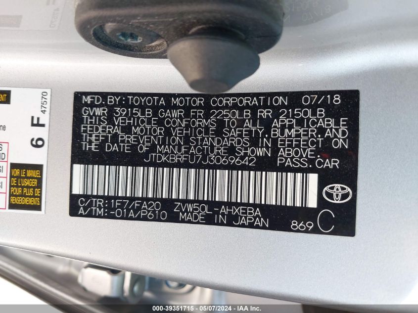 2018 Toyota Prius One VIN: JTDKBRFU7J3069642 Lot: 39351715