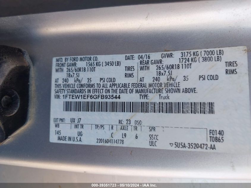 2016 Ford F-150 Xlt VIN: 1FTEW1EF6GFB93544 Lot: 39351723