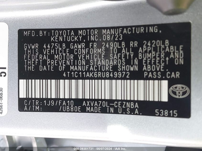 4T1C11AK6RU849972 | 2024 TOYOTA CAMRY