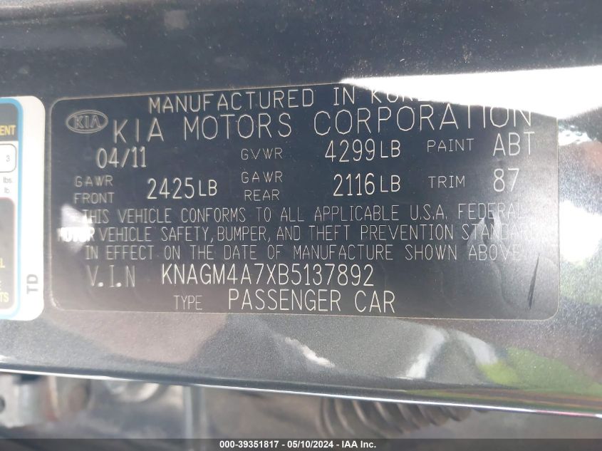 2011 Kia Optima Lx VIN: KNAGM4A7XB5137892 Lot: 39351817