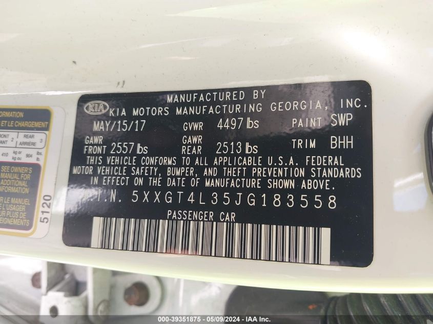 2018 Kia Optima Lx VIN: 5XXGT4L35JG183558 Lot: 39351875