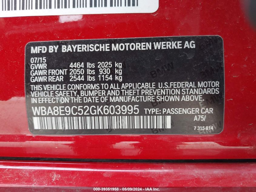 2016 BMW 328I VIN: WBA8E9C52GK603995 Lot: 39351958