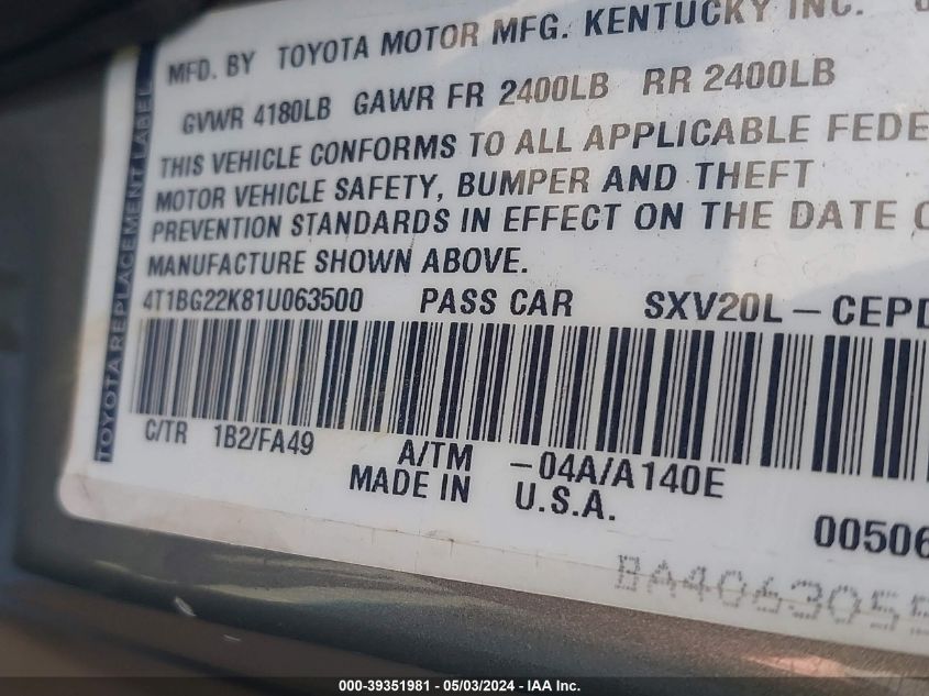 2001 Toyota Camry Ce VIN: 4T1BG22K81U063500 Lot: 39351981