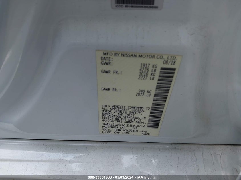 2018 NISSAN ALTIMA 2.5/S/SV/SL/SR - 1N4AL3AP0JC298404