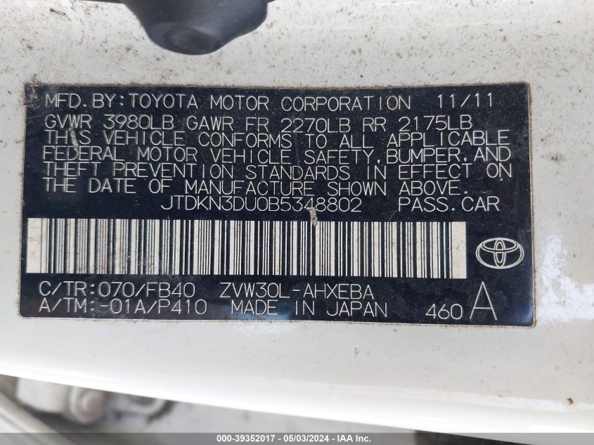 JTDKN3DU0B5348802 | 2011 TOYOTA PRIUS