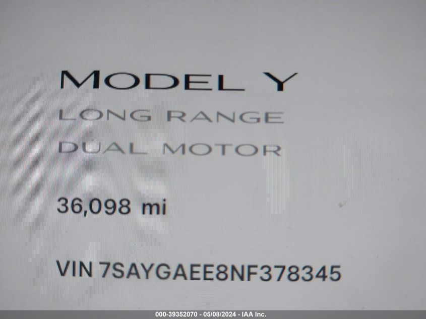 2022 Tesla Model Y Long Range Dual Motor All-Wheel Drive VIN: 7SAYGAEE8NF378345 Lot: 39352070