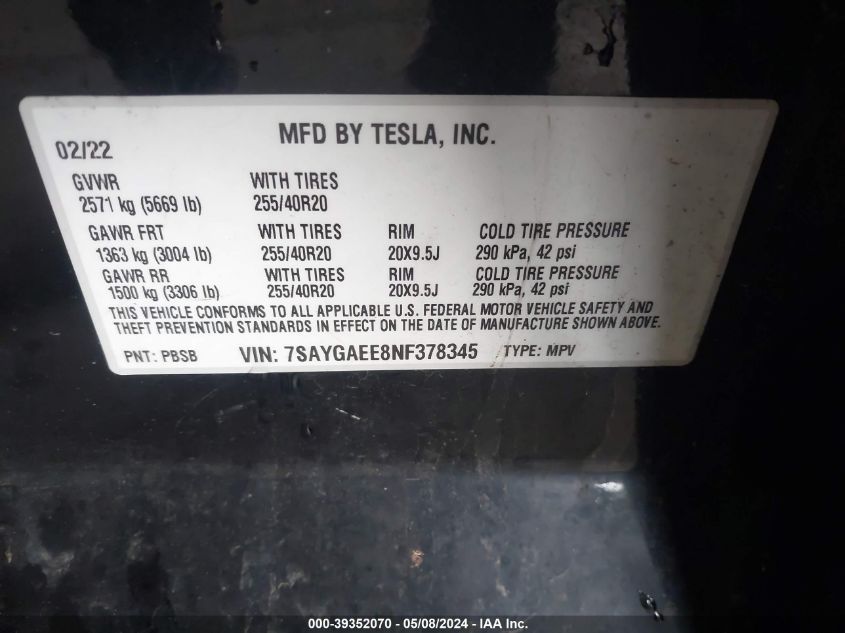 2022 Tesla Model Y Long Range Dual Motor All-Wheel Drive VIN: 7SAYGAEE8NF378345 Lot: 39352070