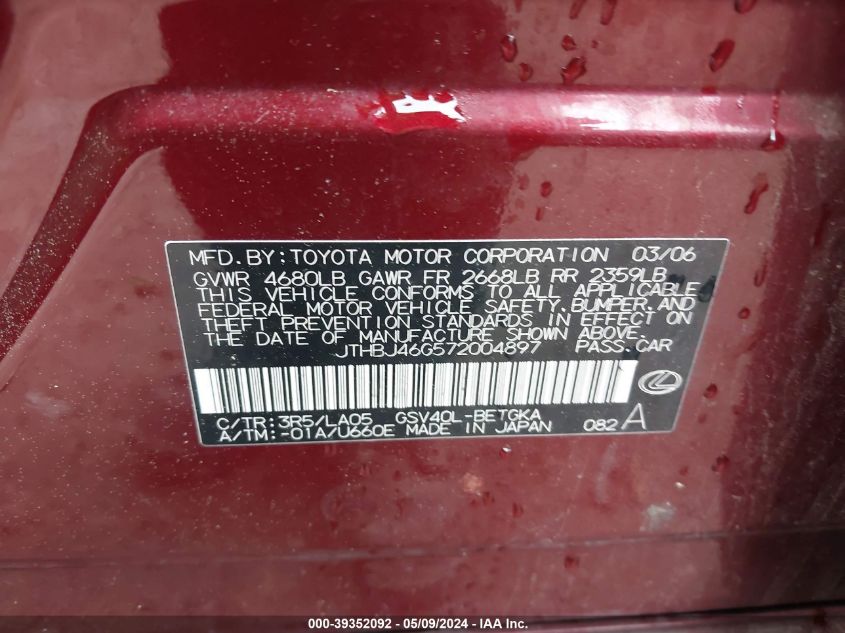 2007 Lexus Es 350 VIN: JTHBJ46G572004897 Lot: 39352092