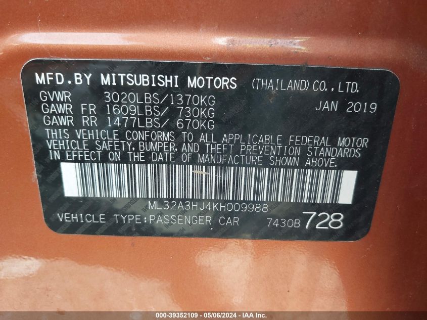 2019 Mitsubishi Mirage Rf VIN: ML32A3HJ4KH009988 Lot: 39352109