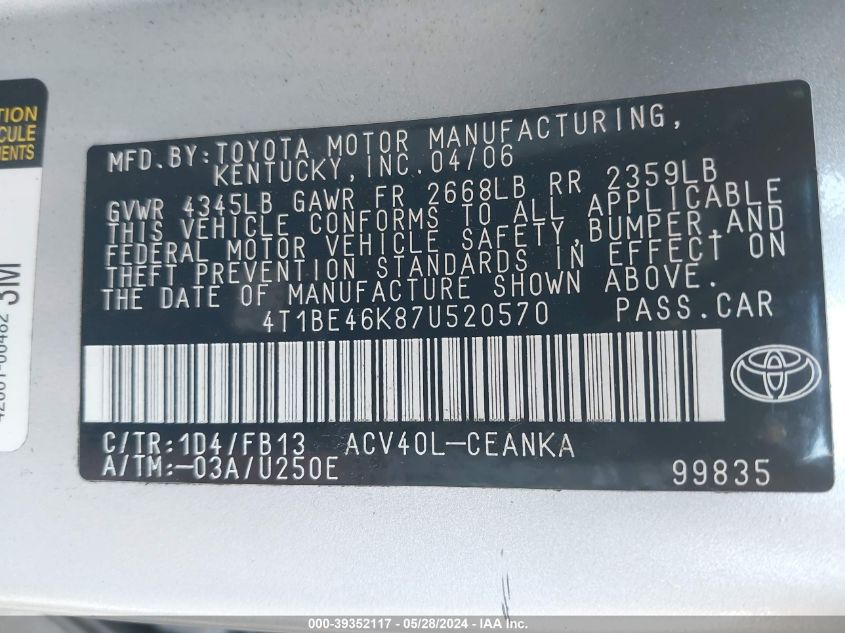 2007 Toyota Camry Le VIN: 4T1BE46K87U520570 Lot: 39352117