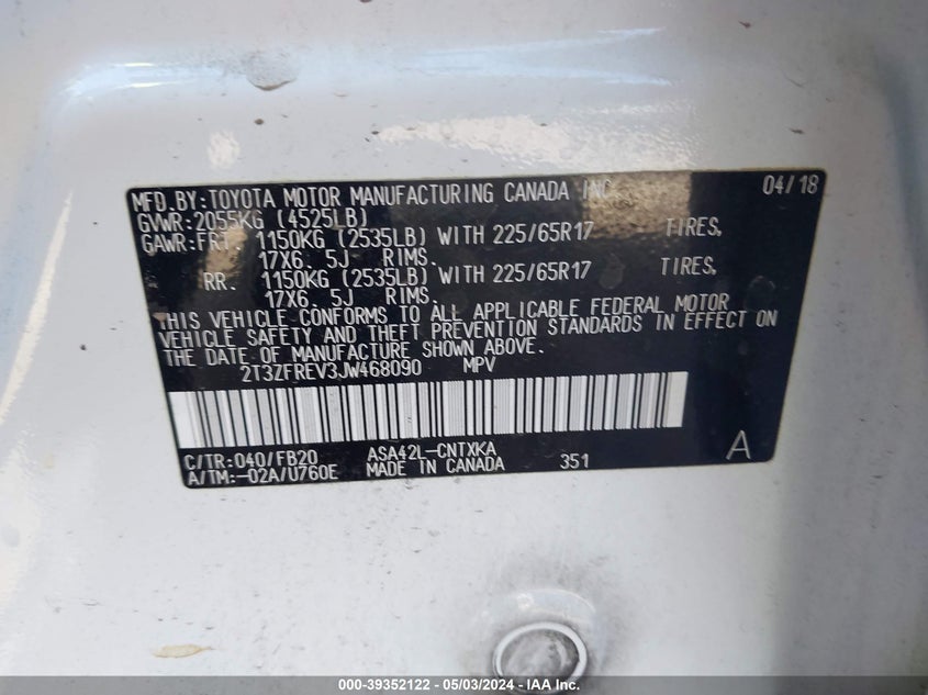 2018 TOYOTA RAV4 LE - 2T3ZFREV3JW468090