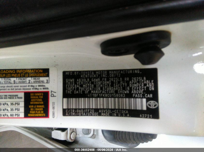 2012 Toyota Camry Se VIN: 4T1BF1FK8CU158083 Lot: 39352158