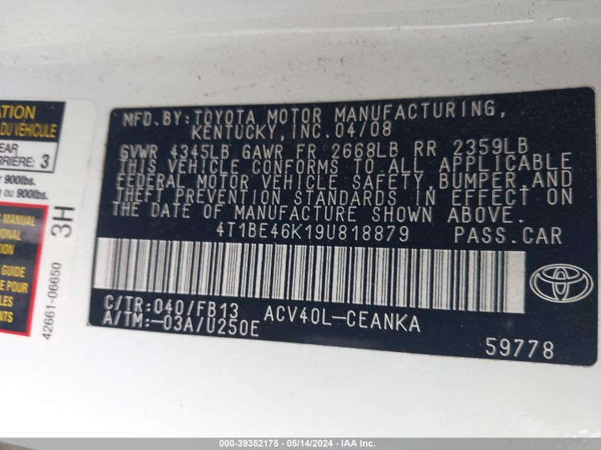 2009 Toyota Camry Le VIN: 4T1BE46K19U818879 Lot: 39352175