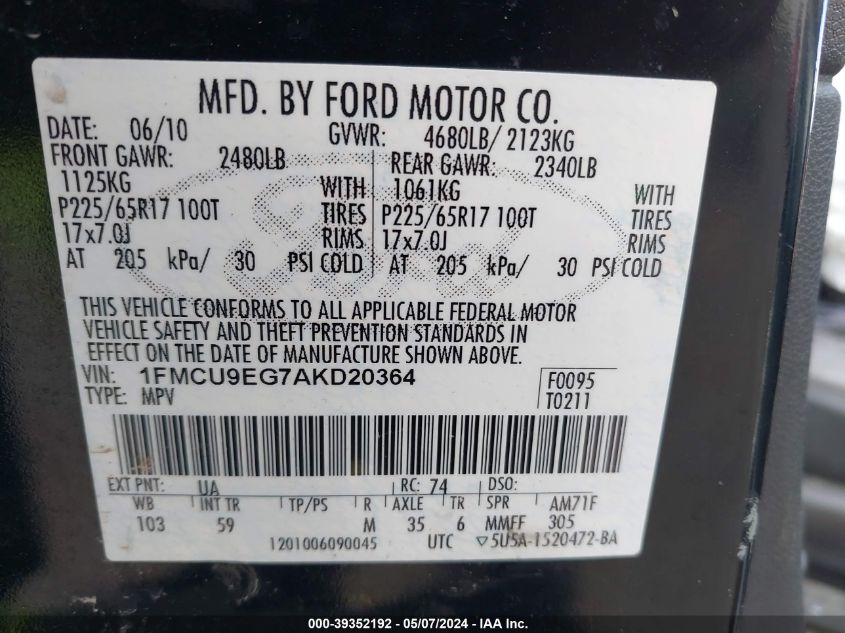 2010 Ford Escape Limited VIN: 1FMCU9EG7AKD20364 Lot: 39352192