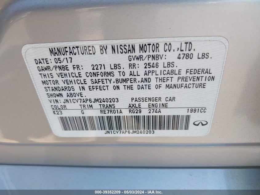 VIN JN1CV7AP6JM240203 2018 INFINITI Q50 PURE/LUXE