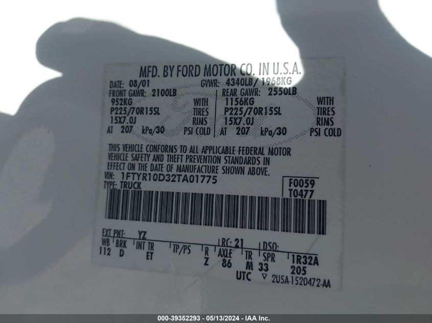 2002 Ford Ranger Xl/Xlt VIN: 1FTYR10D32TA01775 Lot: 39352293