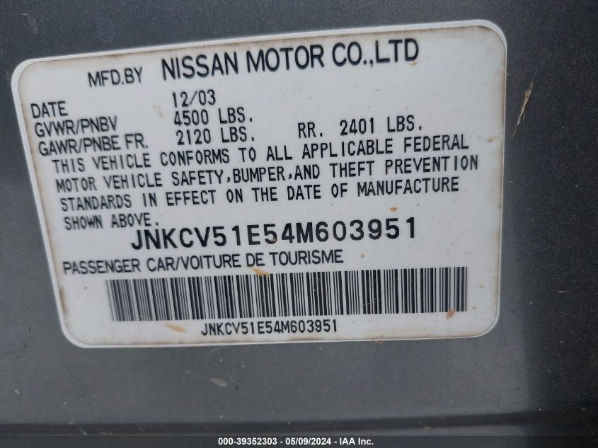 2004 Infiniti G35 VIN: JNKCV51E54M603951 Lot: 39352303