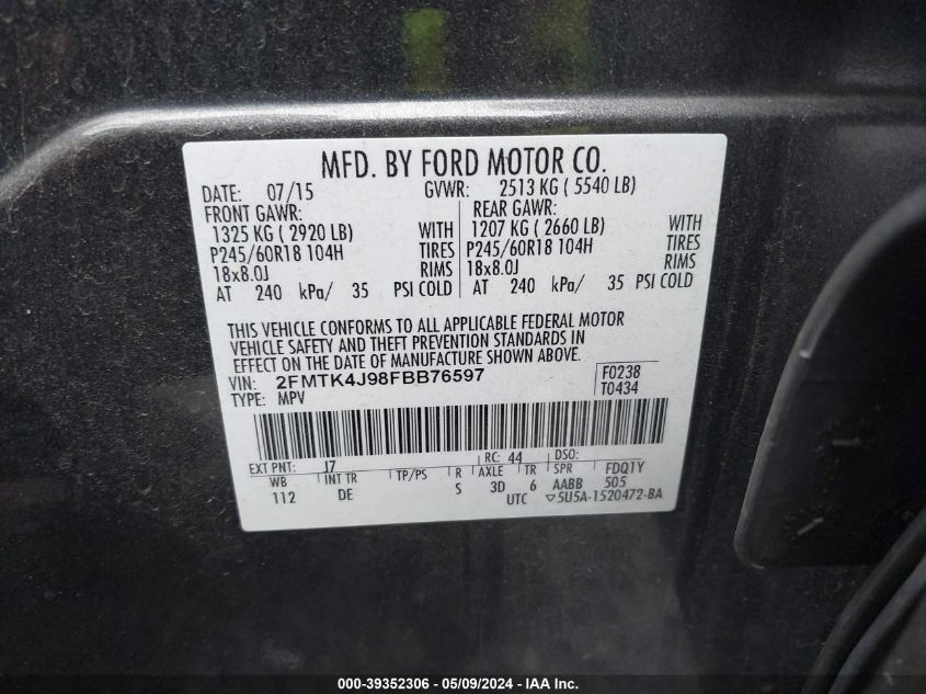 2015 Ford Edge Sel VIN: 2FMTK4J98FBB76597 Lot: 39352306