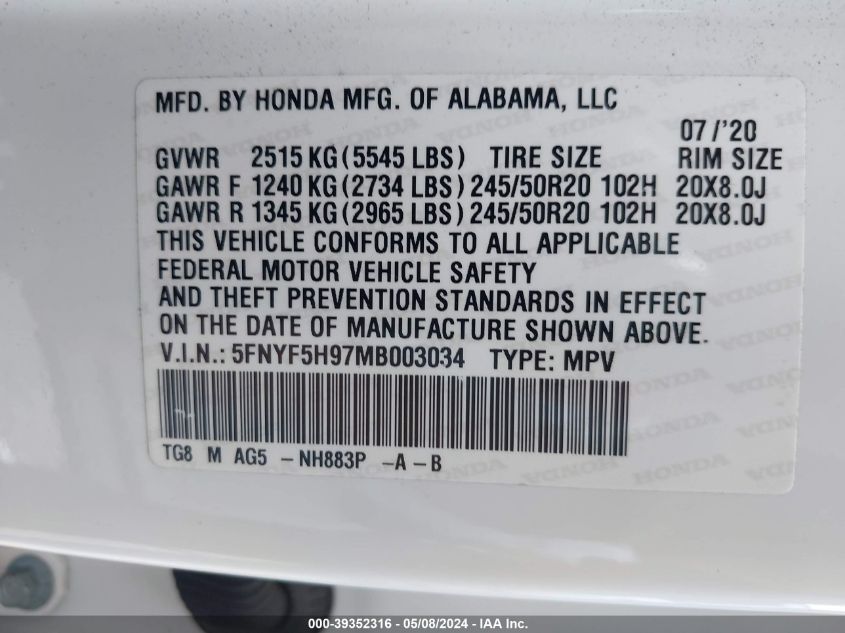 2021 Honda Pilot 2Wd Touring 8 Passenger VIN: 5FNYF5H97MB003034 Lot: 39352316