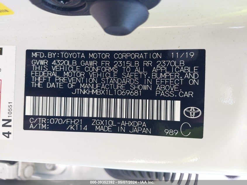 VIN JTNKHMBX1L1069681 2020 TOYOTA C-HR XLE/LE/LIMITED